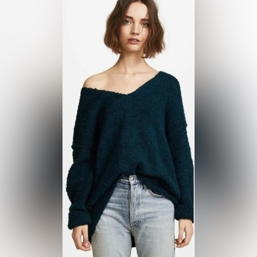 Free People Lofty V-neck Pullover Sweater in Teal